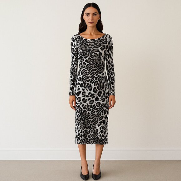 BCBG MaxAzria Silver Leopard Longsleeve Midi Dress Womens M Business Casual Chic - Picture 1 of 6